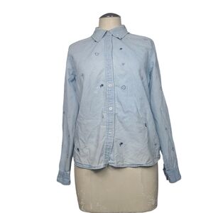 Talbots Blue Floral Heart Embroidered Button Down Long Sleeve Chambray Shirt 8